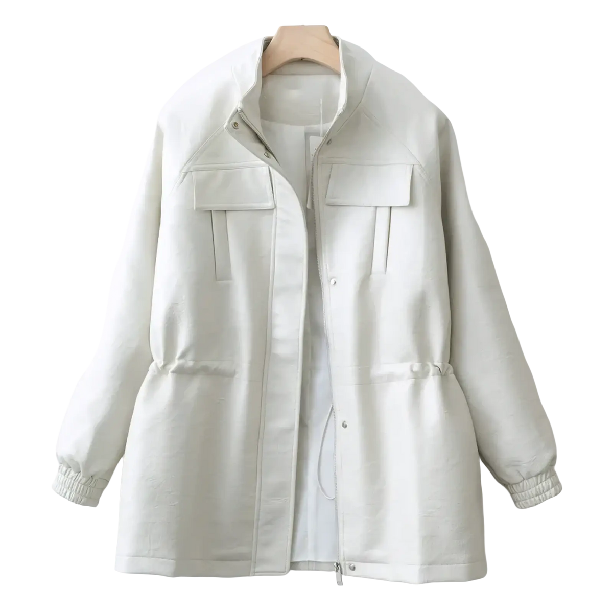 Women faux leather jacket casual utility coat in off-white lightweight canvas with two front flap pockets and elastic cuffs
