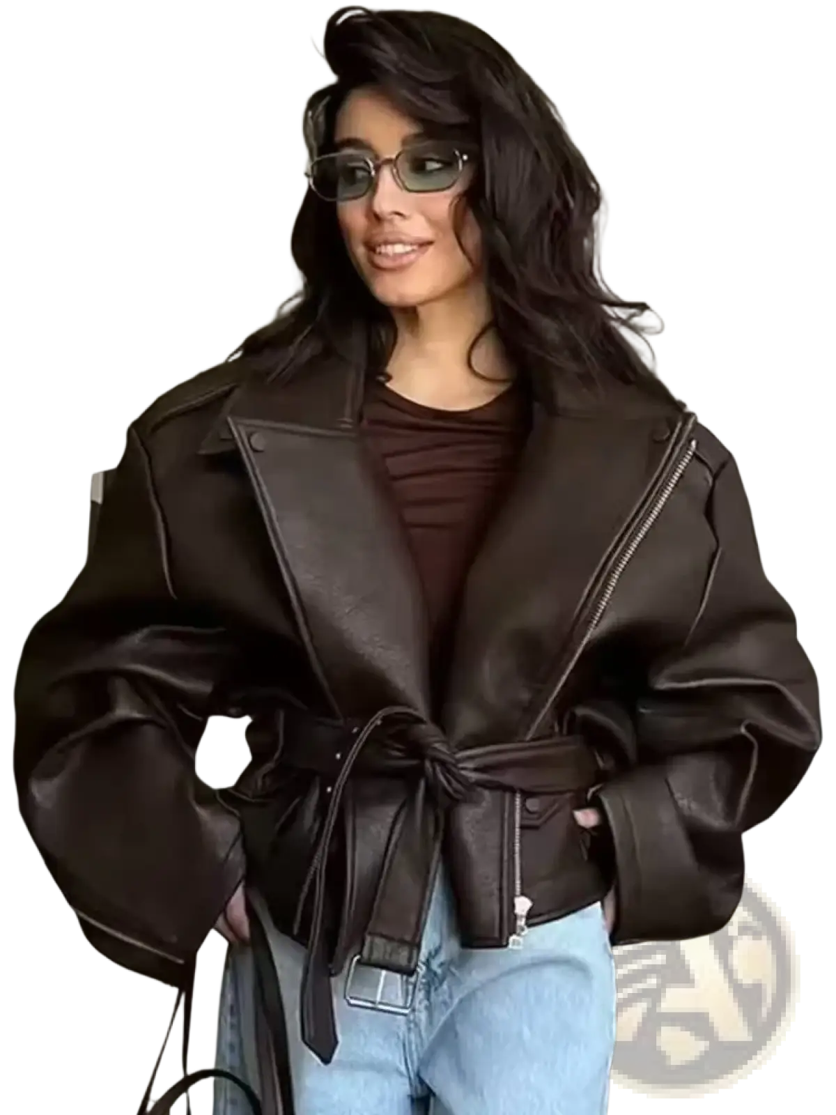 Brown faux leather women moto jacket with belted waist and zipper details ideal for winter wear