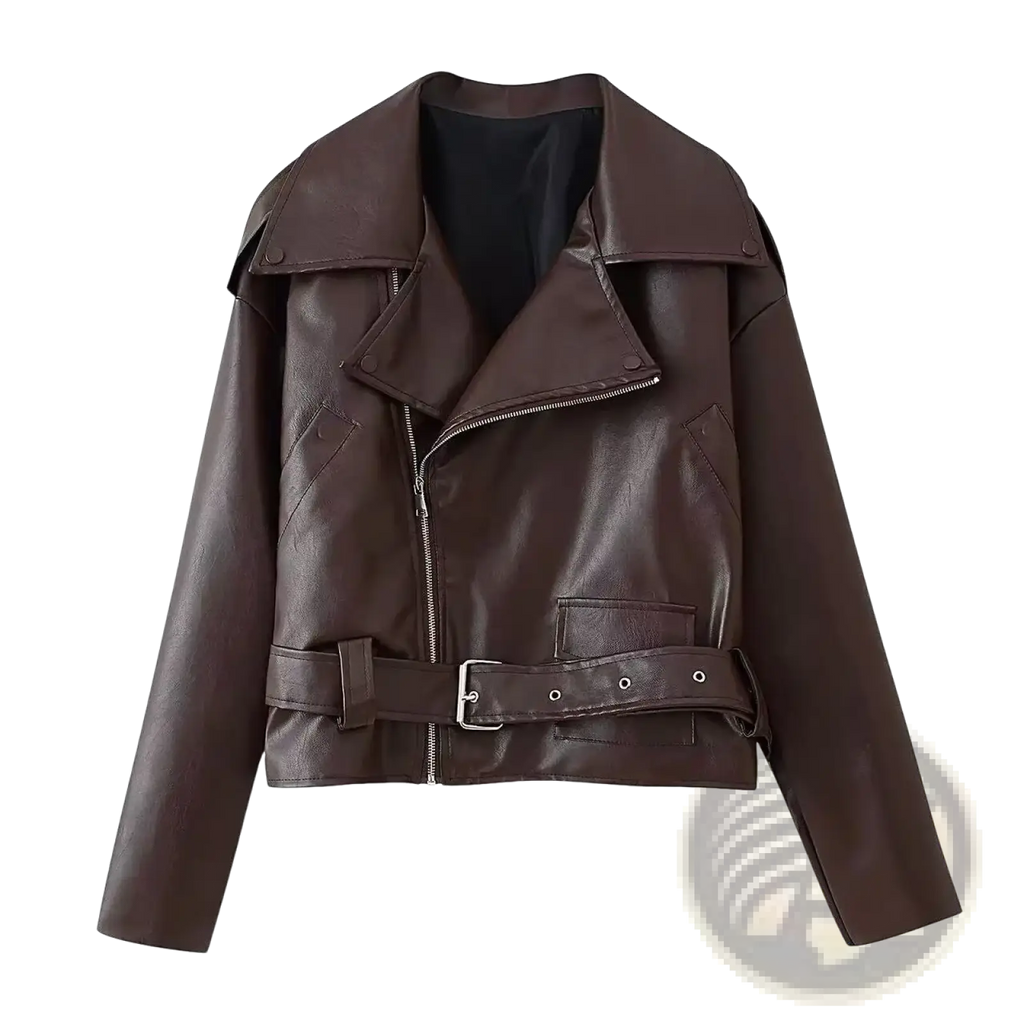 Dark brown faux leather moto jacket for women with belted waist and snap button collar winter coat