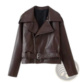 Dark brown faux leather moto jacket for women with belted waist and snap button collar winter coat