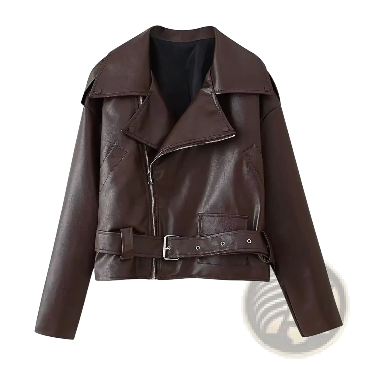Dark brown faux leather moto jacket for women with belted waist and snap button collar winter coat