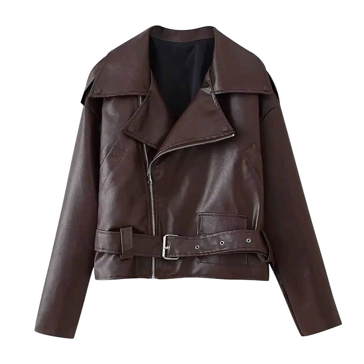 Dark brown faux leather moto jacket for women with belted waist and snap button collar winter coat