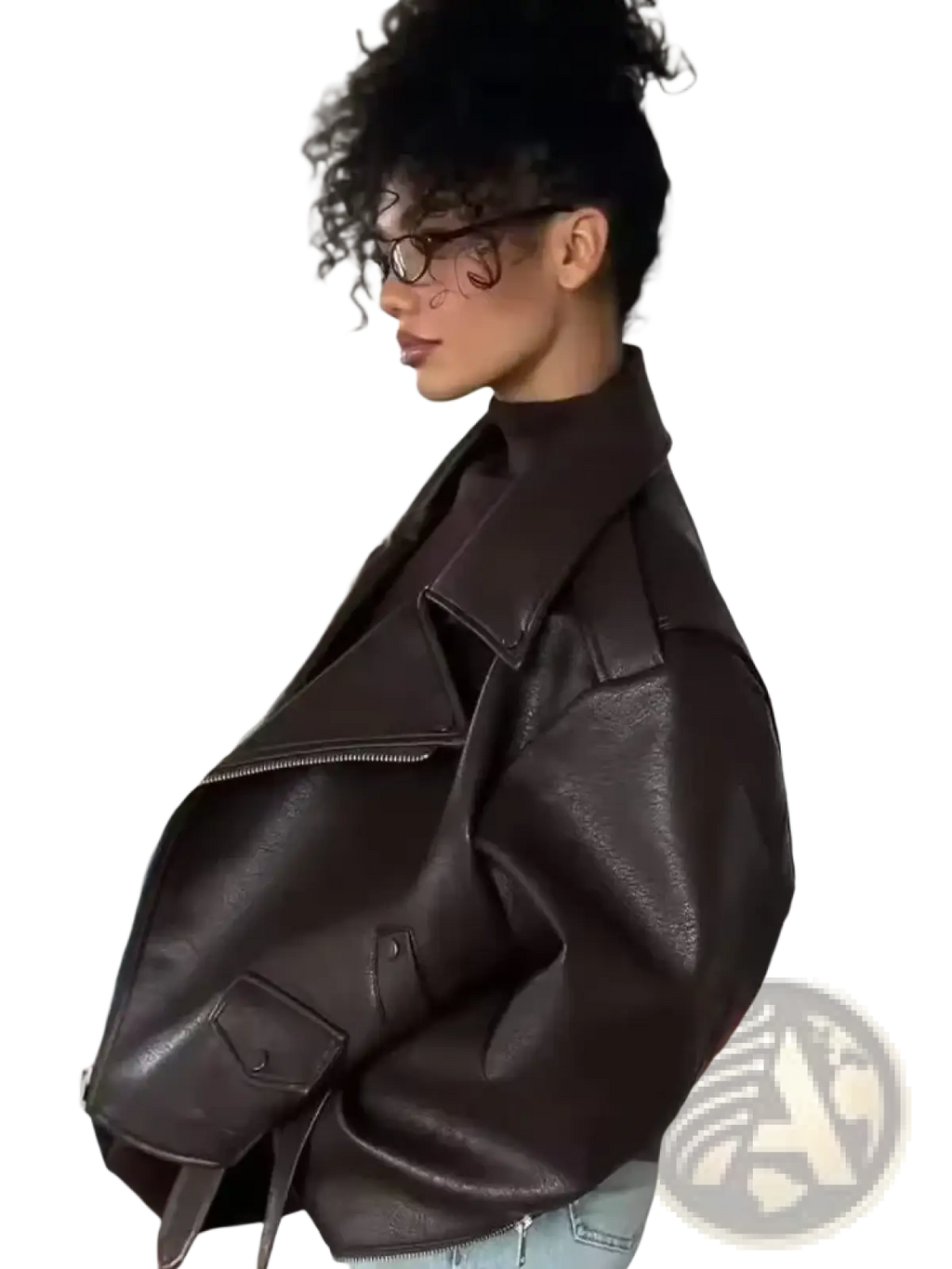 Women faux leather moto jacket in dark brown with oversized fit high collar and front zipper winter coat