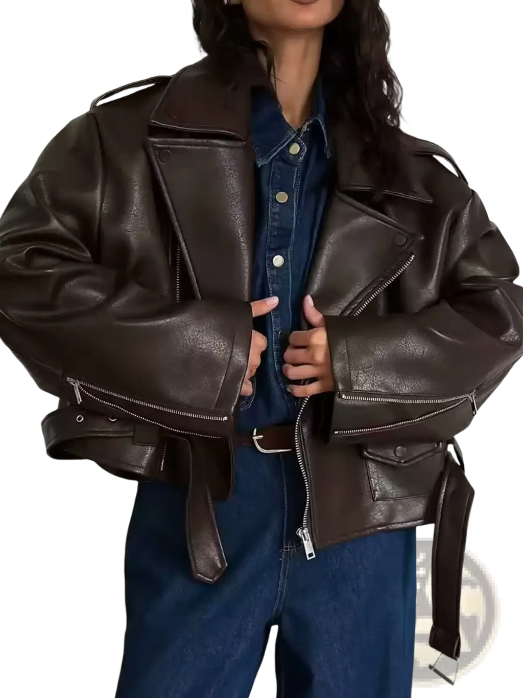 Dark brown women faux leather moto jacket with zipped sleeves and belted waist for winter coat use