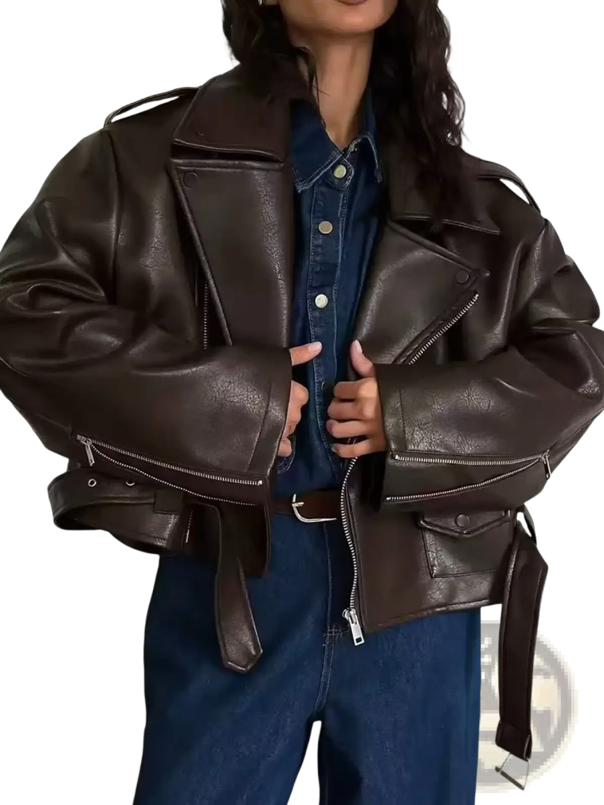 Dark brown women faux leather moto jacket with zipped sleeves and belted waist for winter coat use