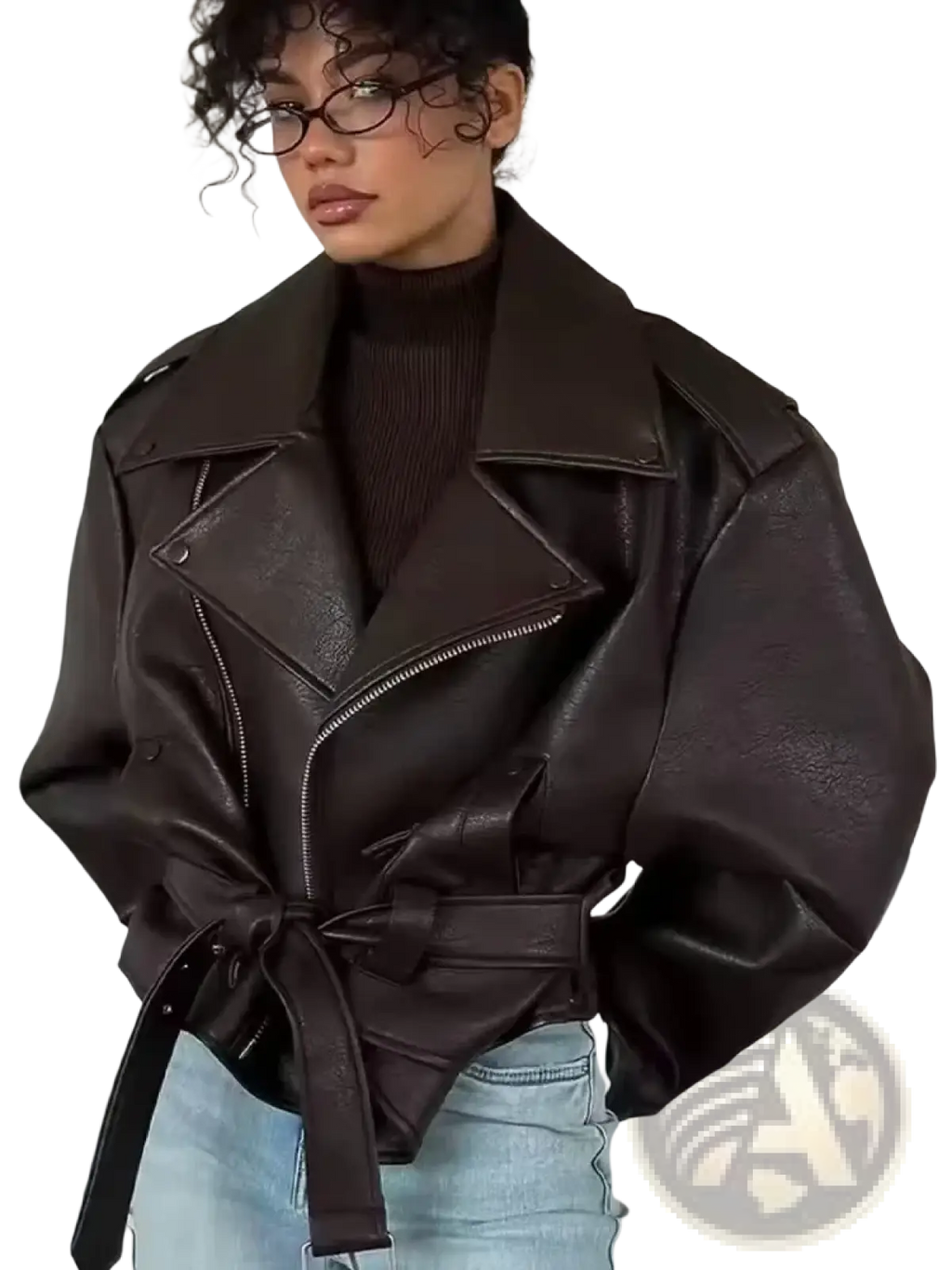 Dark brown women faux leather moto jacket with belted waist and asymmetrical zipper winter coat