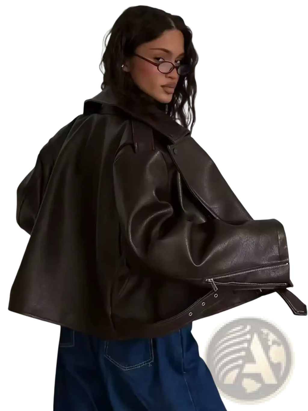 A sleek dark brown faux leather women moto jacket with relaxed fit and visible zippers winter coat