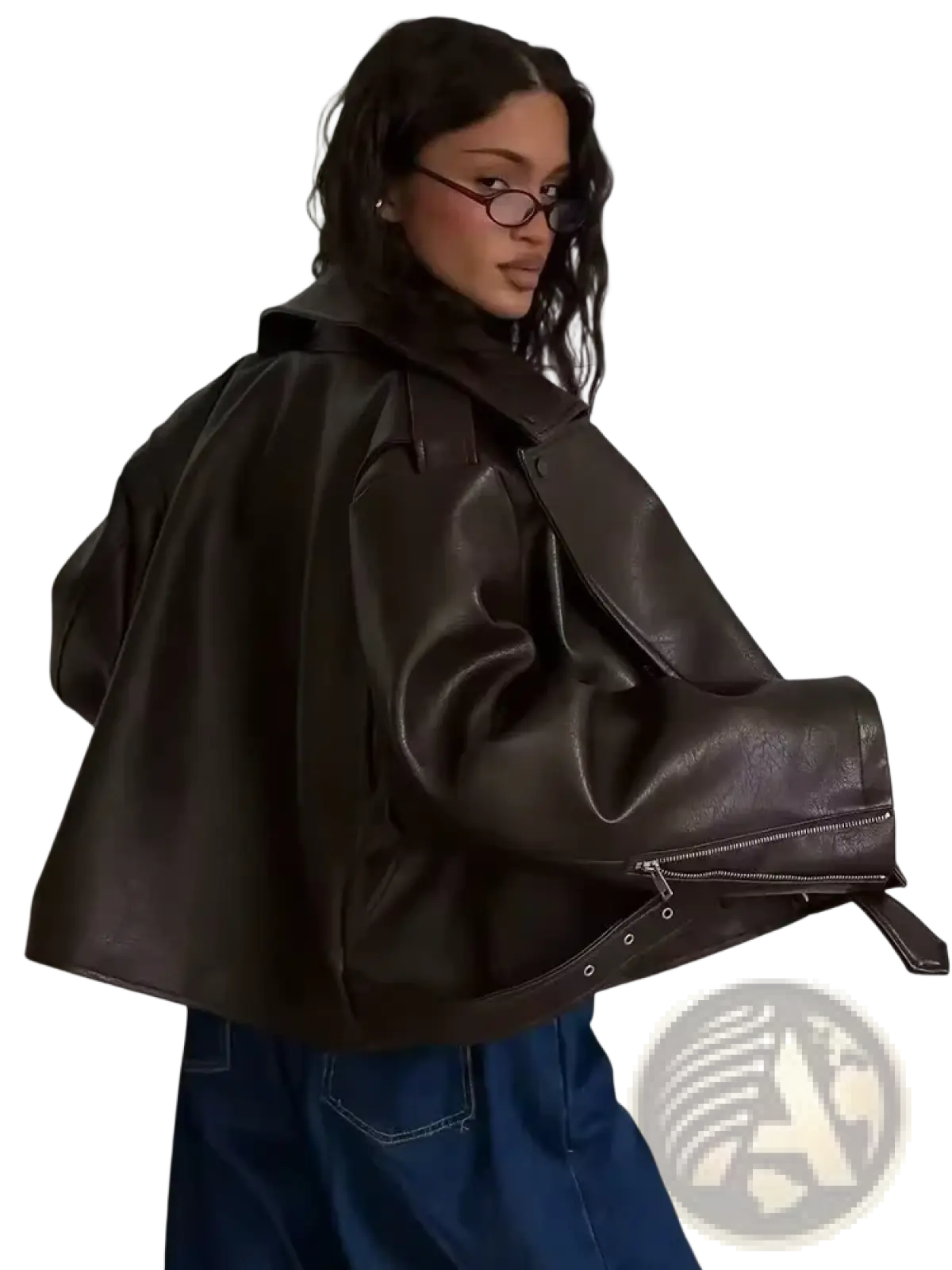 A sleek dark brown faux leather women moto jacket with relaxed fit and visible zippers winter coat