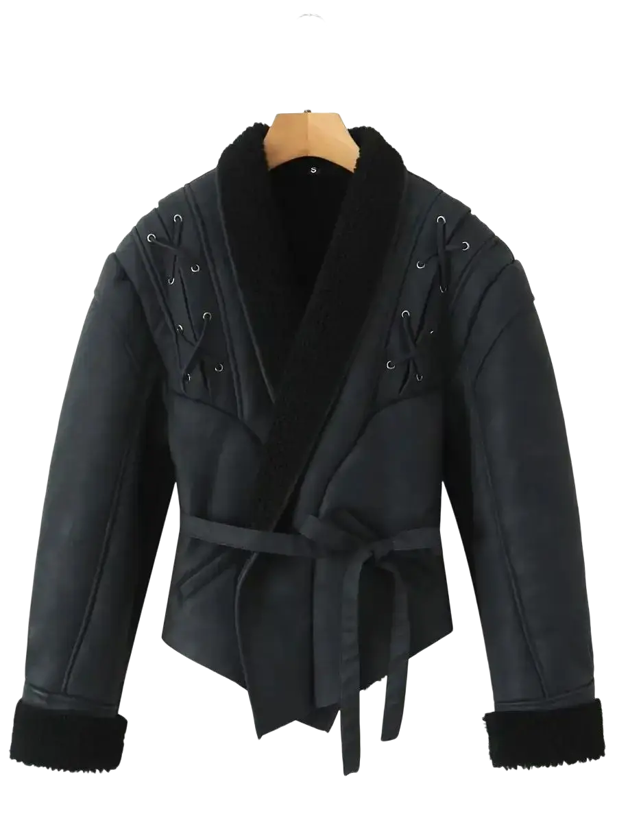 Black faux leather shearling belted streetwear jacket with plush collar and lace-up shoulder detailing for women