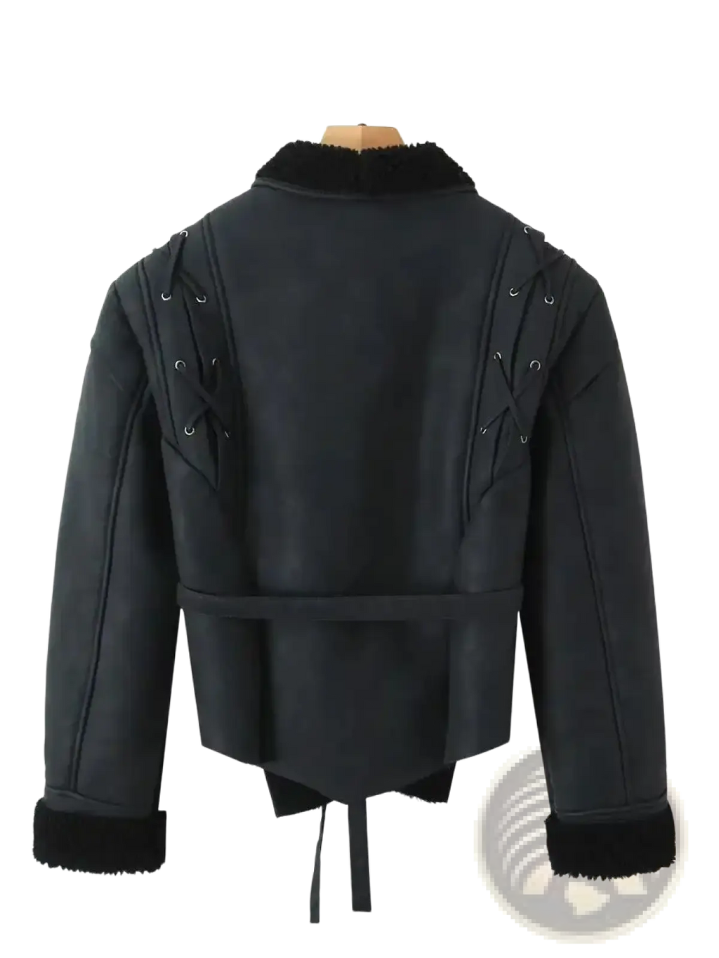 Black faux leather women shearling belted streetwear jacket with fur-lined collar cuffs and silver eyelets on shoulders