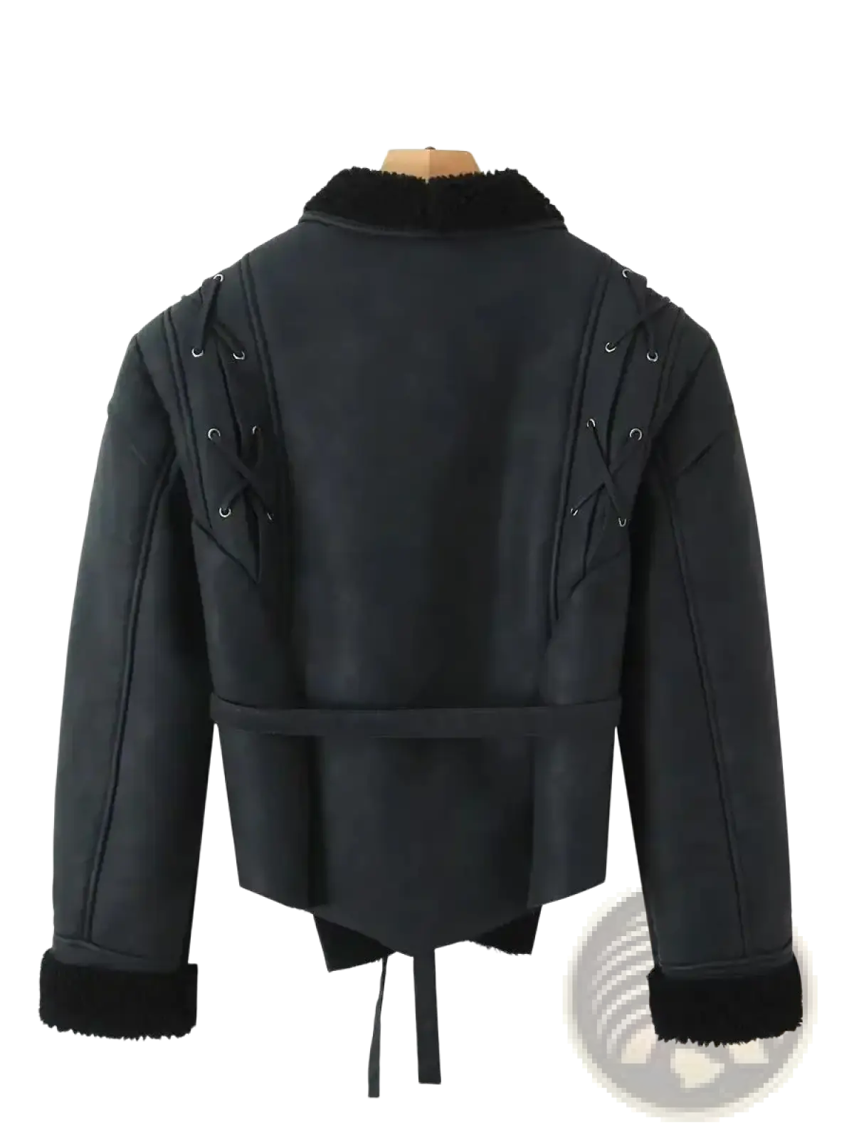 Black faux leather women shearling belted streetwear jacket with fur-lined collar cuffs and silver eyelets on shoulders
