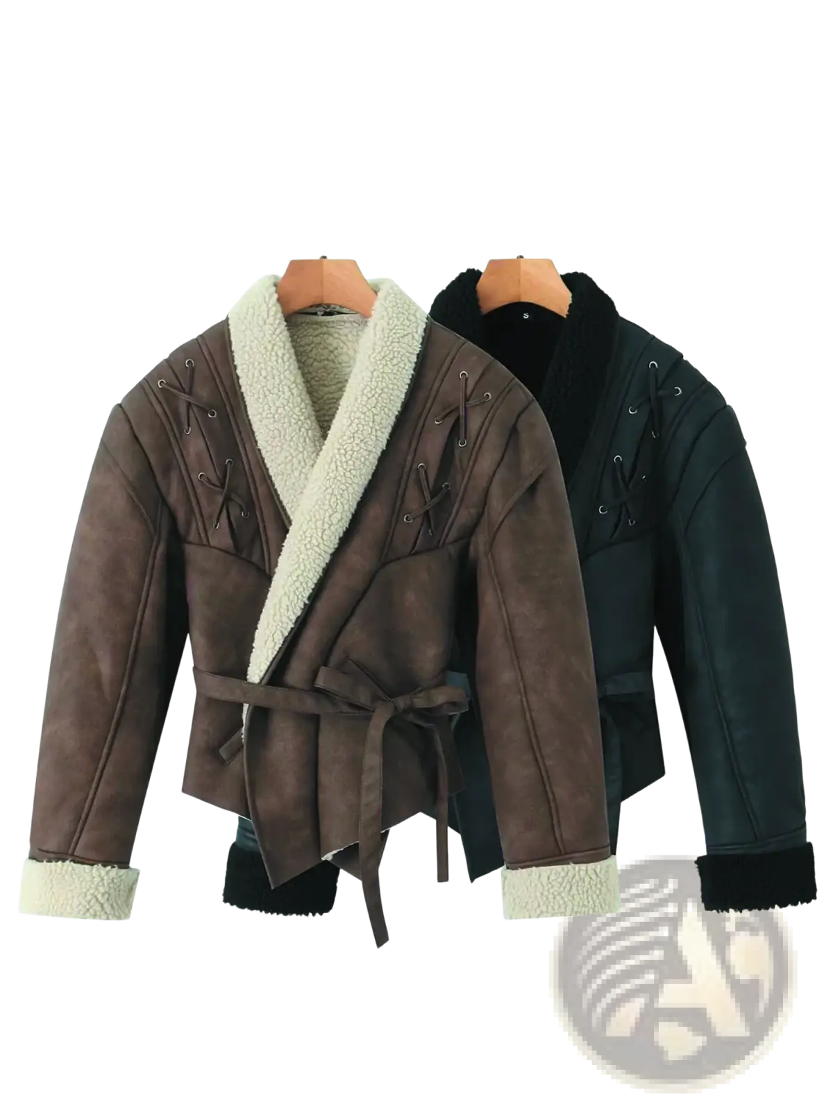 Women faux leather shearling belted streetwear jacket in brown with cream fleece lining and black lace-up shoulder detailing