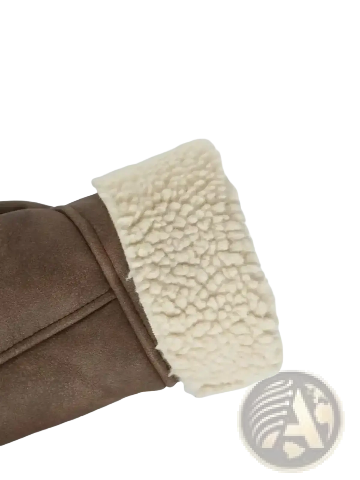 Brown shearling-lined winter boot cuff with cream fleece interior paired with women faux leather belted jacket