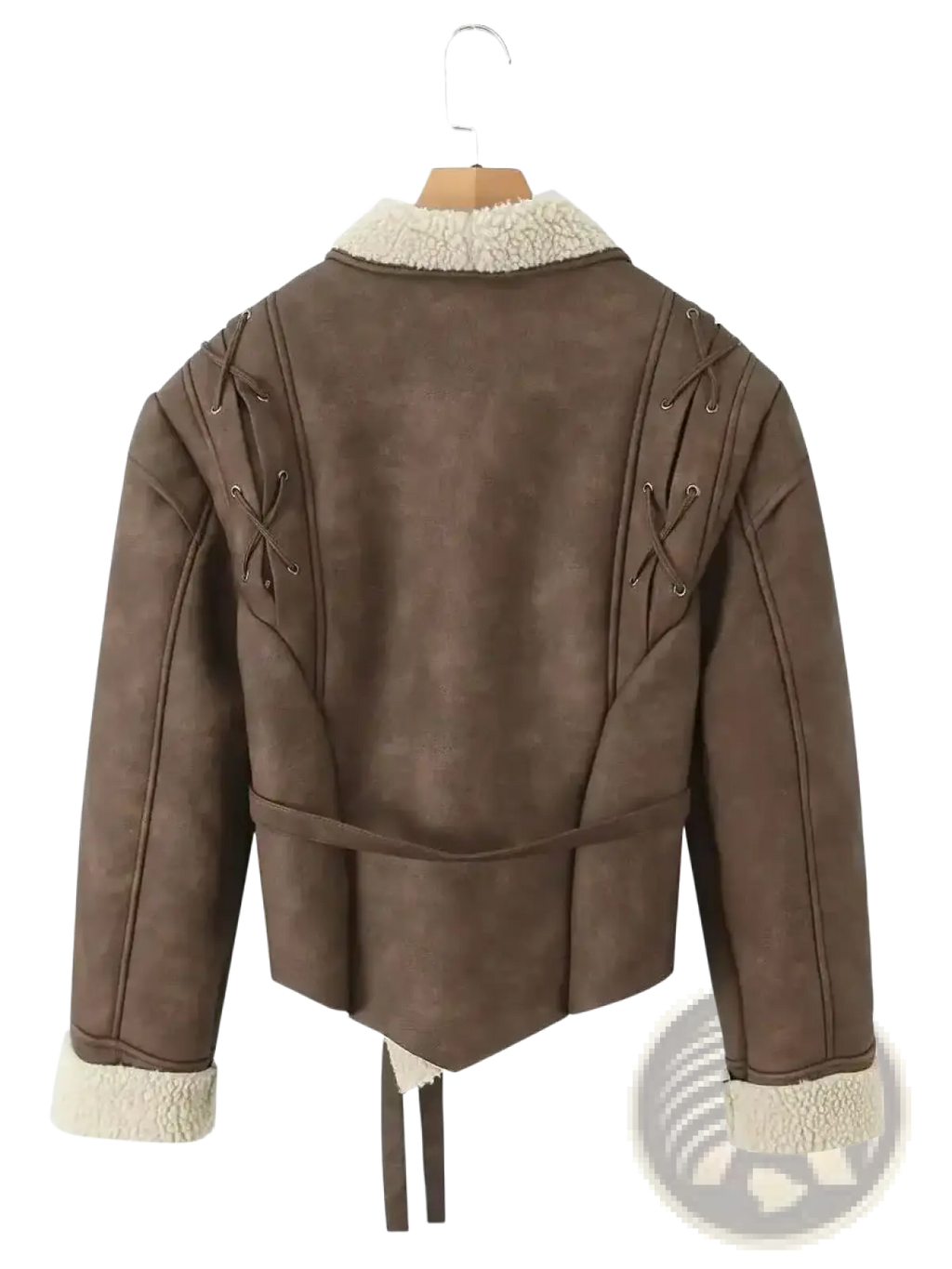 Women faux leather shearling belted streetwear jacket brown suede with cream fleece lining and lace-up back detailing
