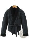 Black faux leather shearling belted streetwear jacket with plush collar and lace-up shoulder detailing for women