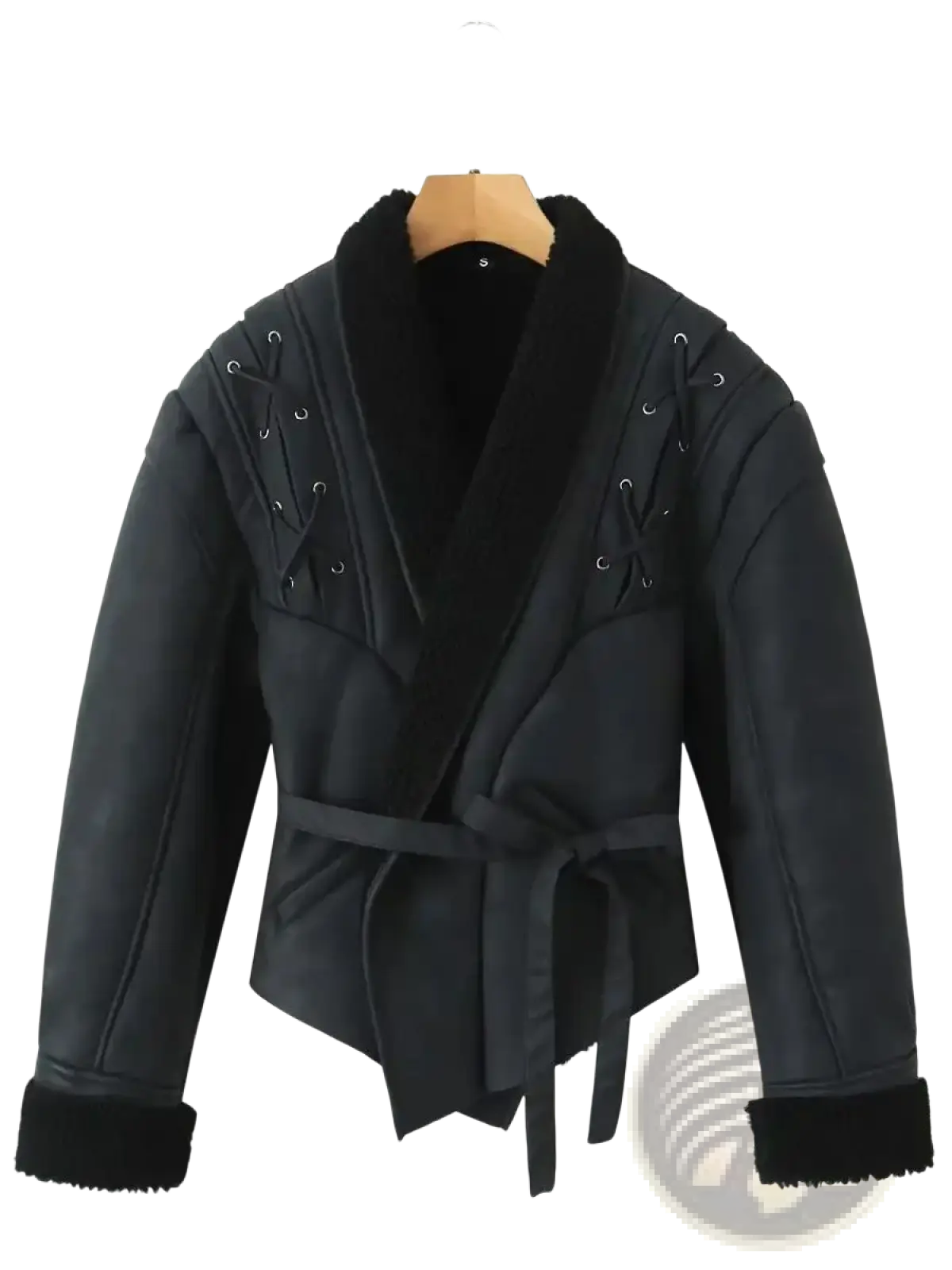 Black faux leather shearling belted streetwear jacket with plush collar and lace-up shoulder detailing for women