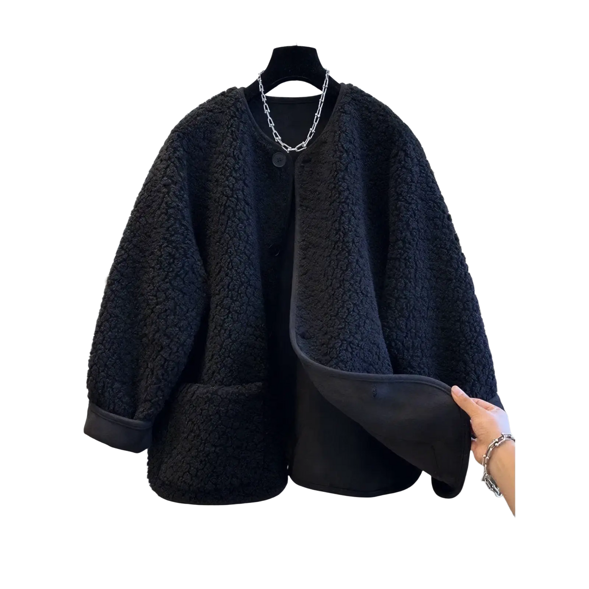Black women faux shearling cropped coat winter jacket with soft textured faux fur exterior and smooth black lining