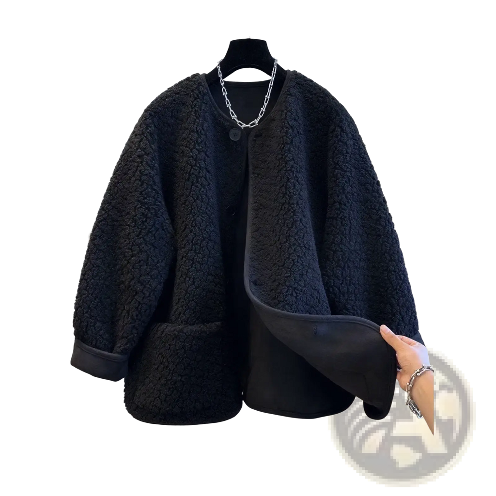 Black women faux shearling cropped coat winter jacket with soft textured faux fur exterior and smooth black lining