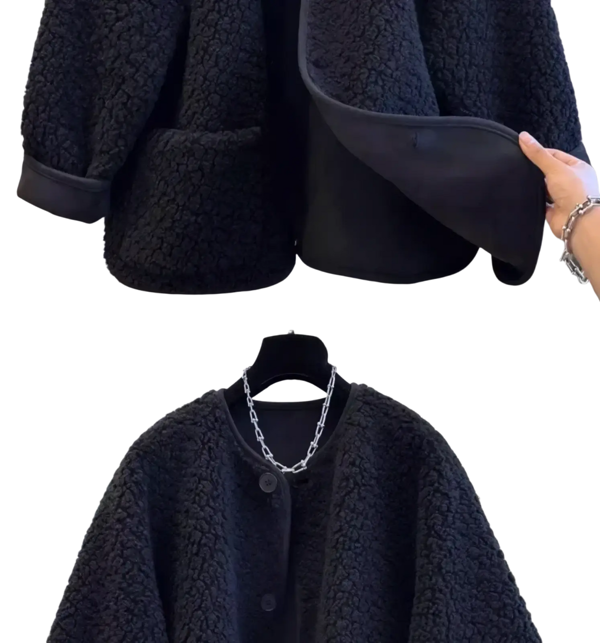 Black faux shearling cropped coat with plush textured exterior and smooth inner lining for winter wear
