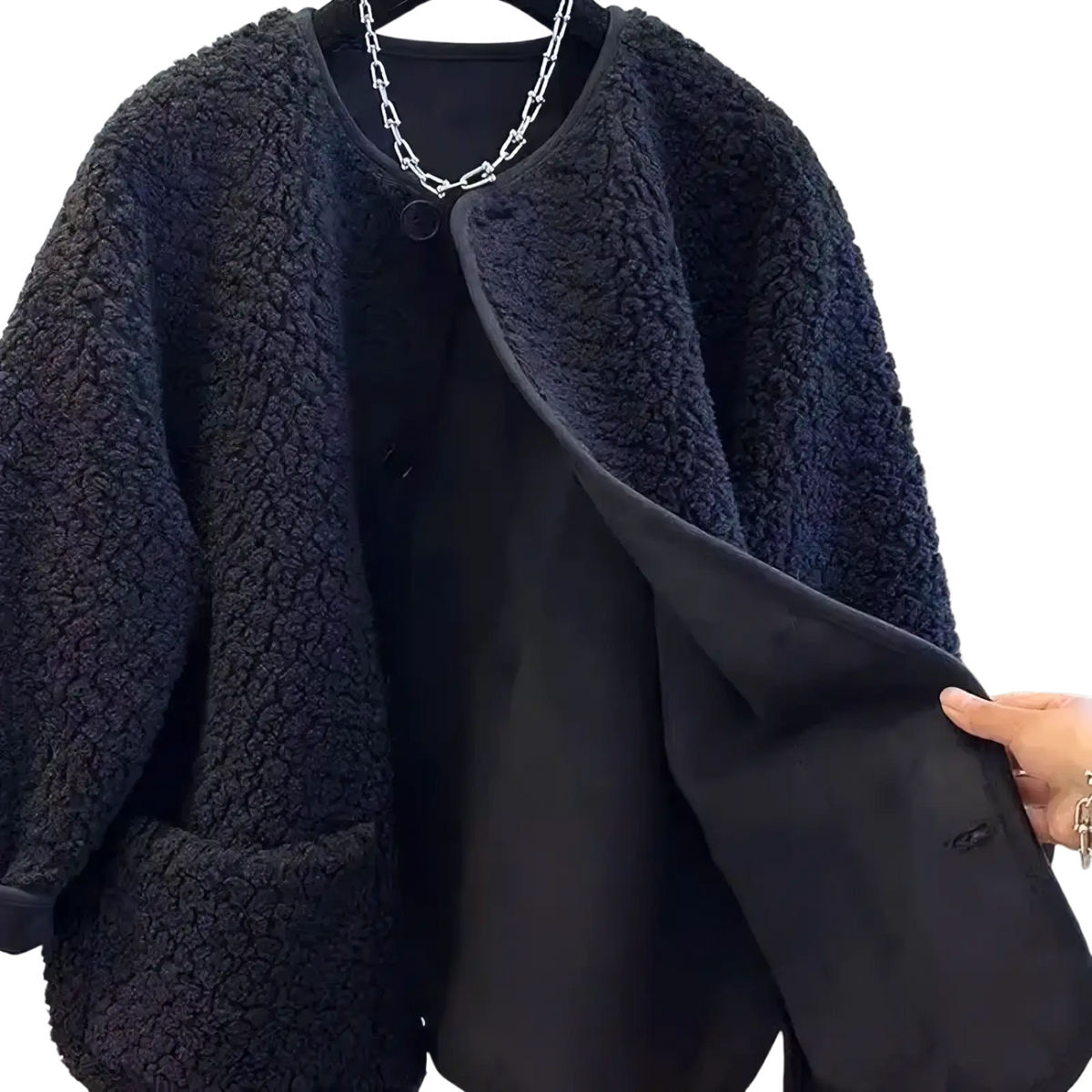 Women faux shearling cropped coat winter jacket in black with plush textured exterior and smooth black lining