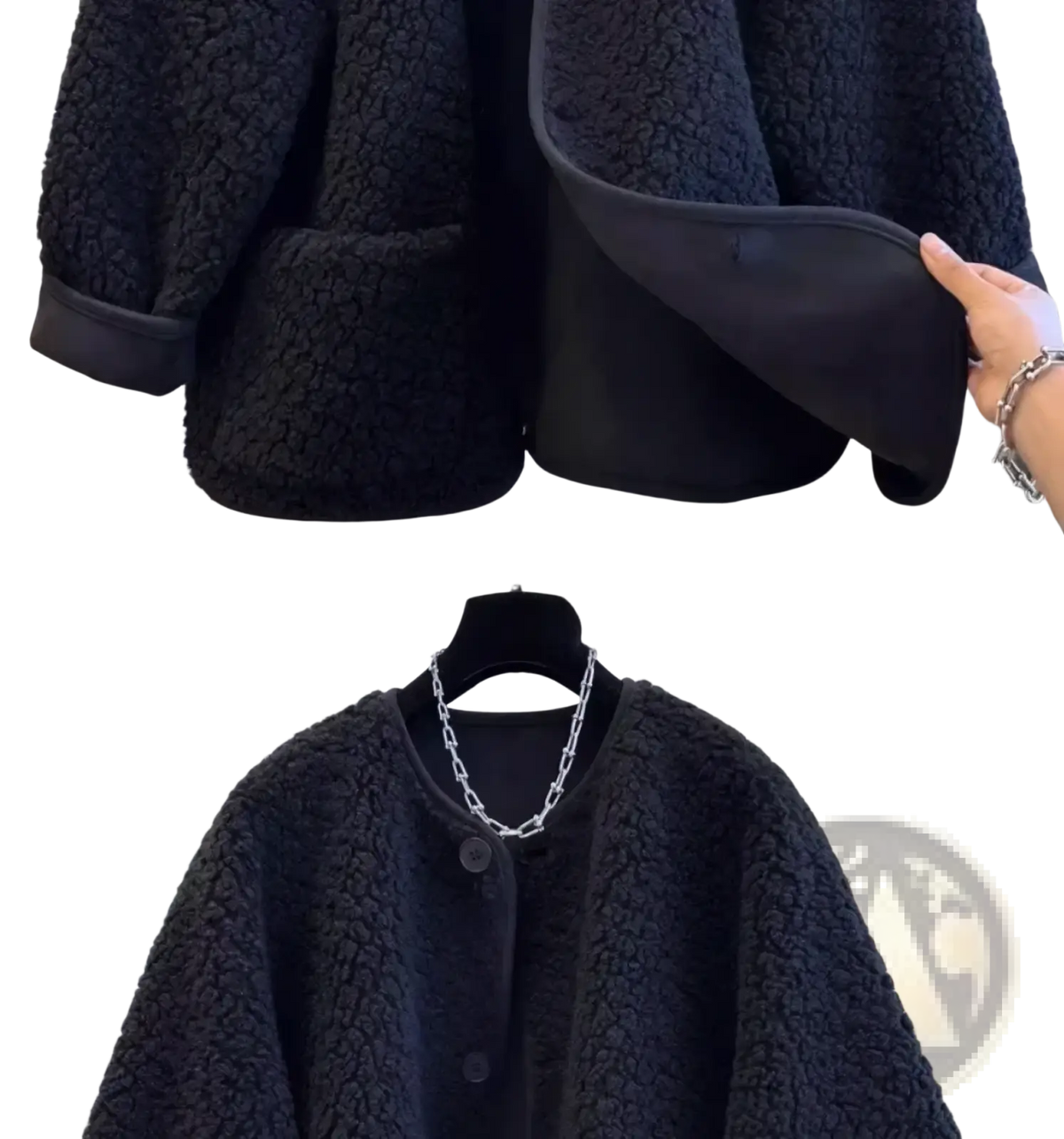 Black faux shearling cropped coat with plush textured exterior and smooth inner lining for winter wear