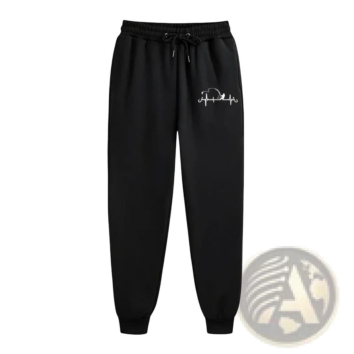 Black women fishing tracksuit sweatpants with white embroidered cat and dog design on left thigh for casual wear