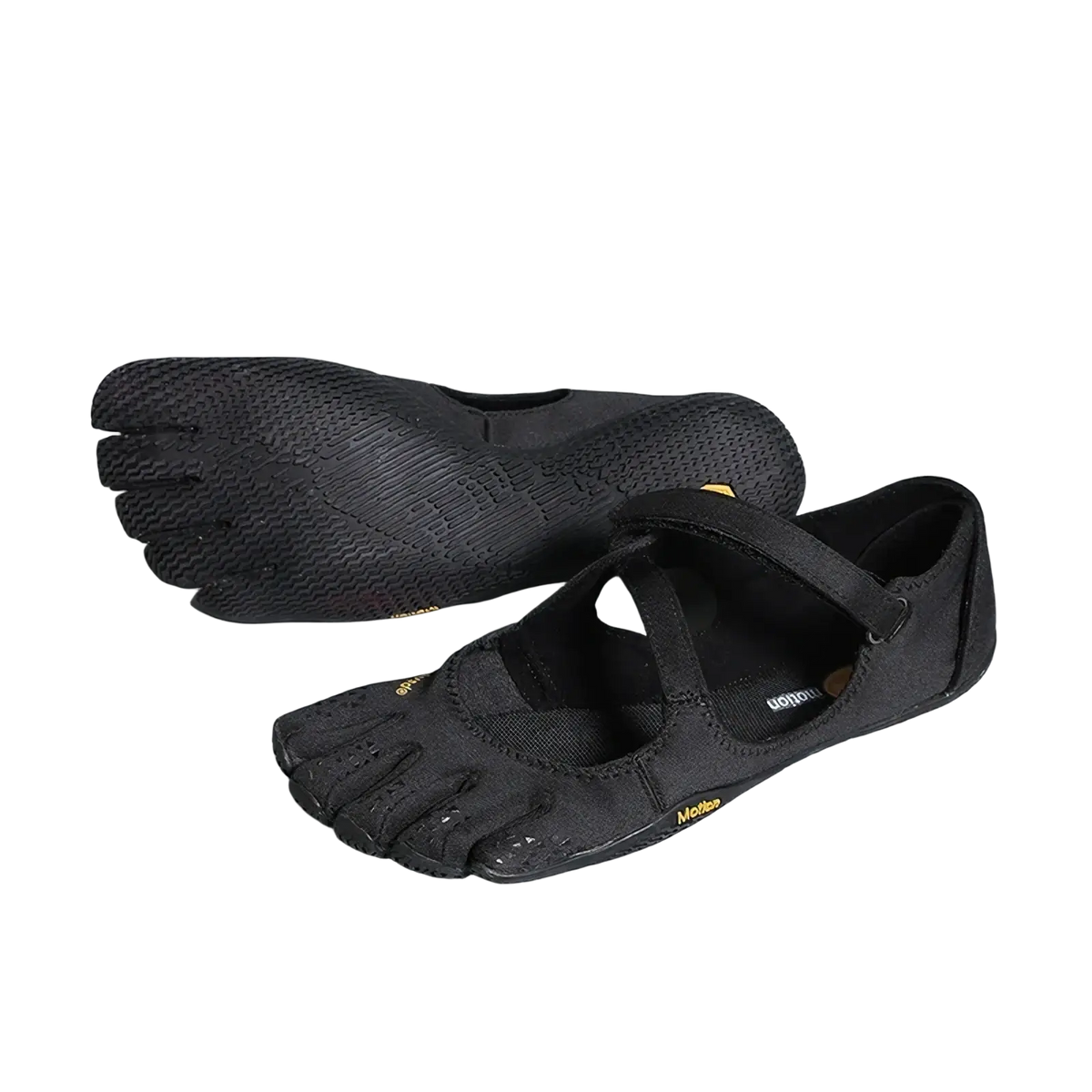 Black women five toe minimalist barefoot shoes with textured rubber sole and yellow branding viewed from back side