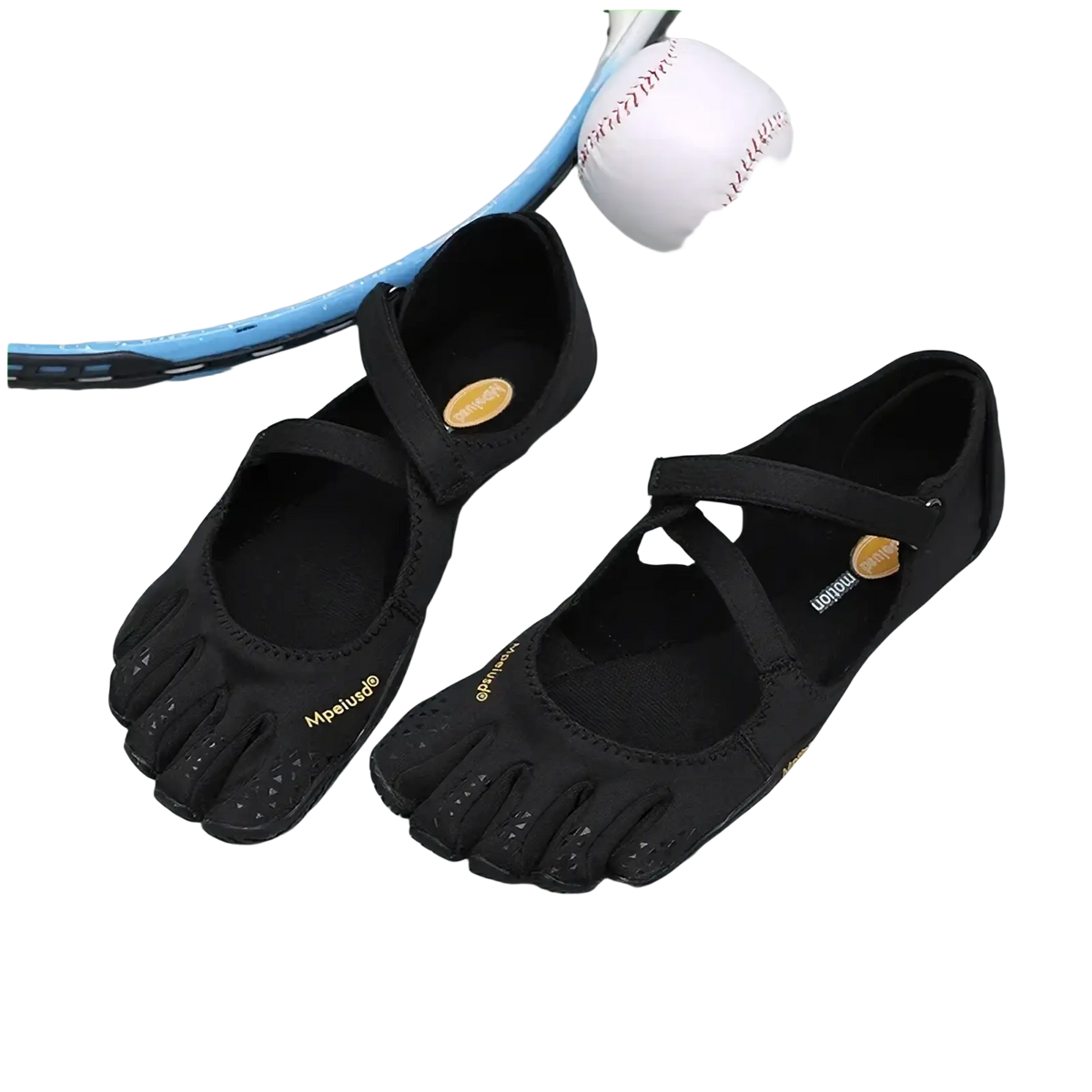 Women five toe minimalist barefoot shoes in black with sleek design and subtle gold branding for athletic use