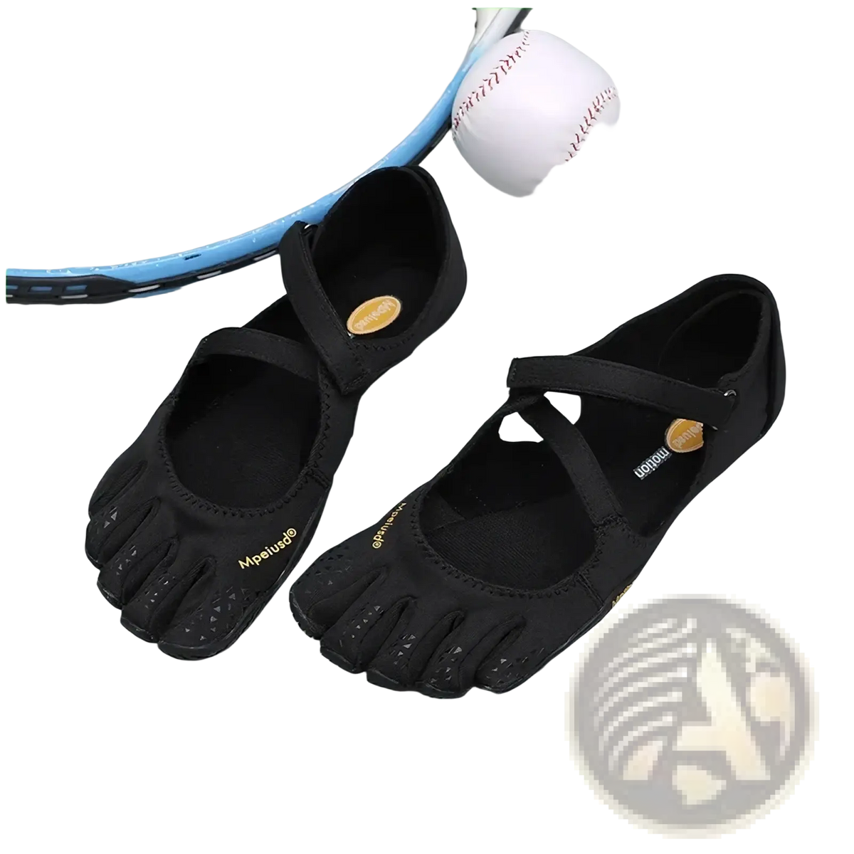 Women five toe minimalist barefoot shoes in black with sleek design and subtle gold branding for athletic use