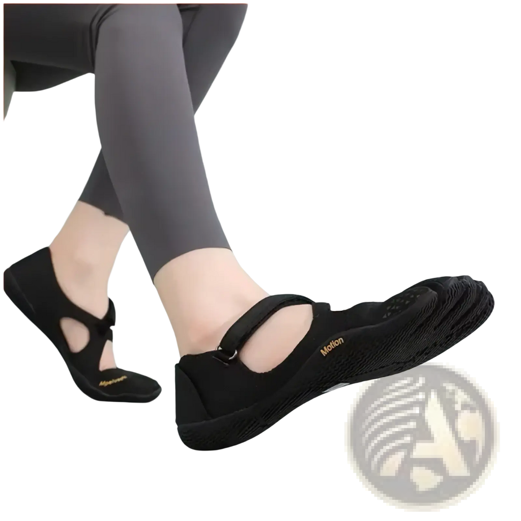 Women five toe minimalist barefoot shoes in black with breathable mesh upper and sleek minimalist design by Motion