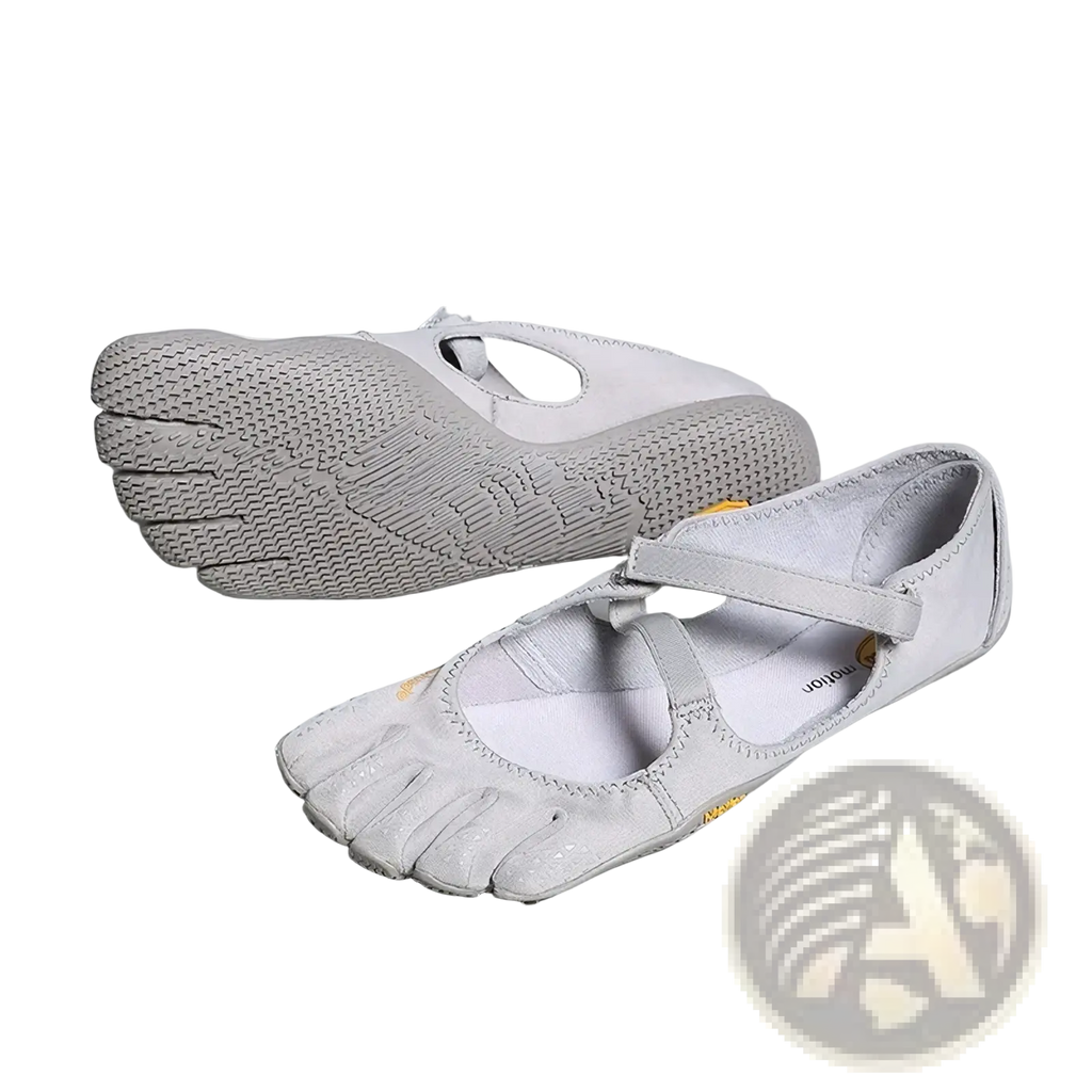 Women five toe minimalist barefoot shoes in light gray with breathable mesh upper and subtle yellow branding accents