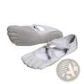 Women five toe minimalist barefoot shoes in light gray with breathable mesh upper and subtle yellow branding accents