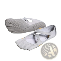 Women five toe minimalist barefoot shoes in light gray with breathable mesh upper and subtle yellow branding accents
