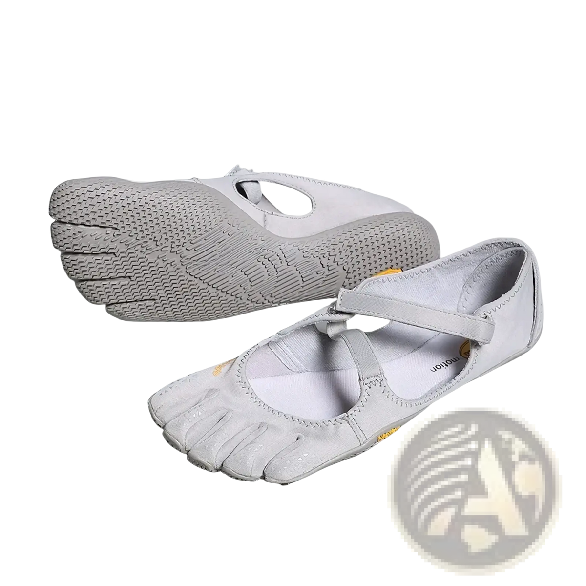 Women five toe minimalist barefoot shoes in light gray with breathable mesh upper and subtle yellow branding accents