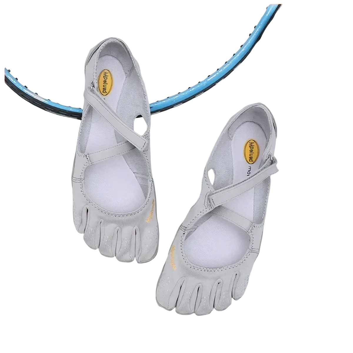 Light gray women five toe minimalist barefoot shoes with sleek design and subtle gold branding on the insole