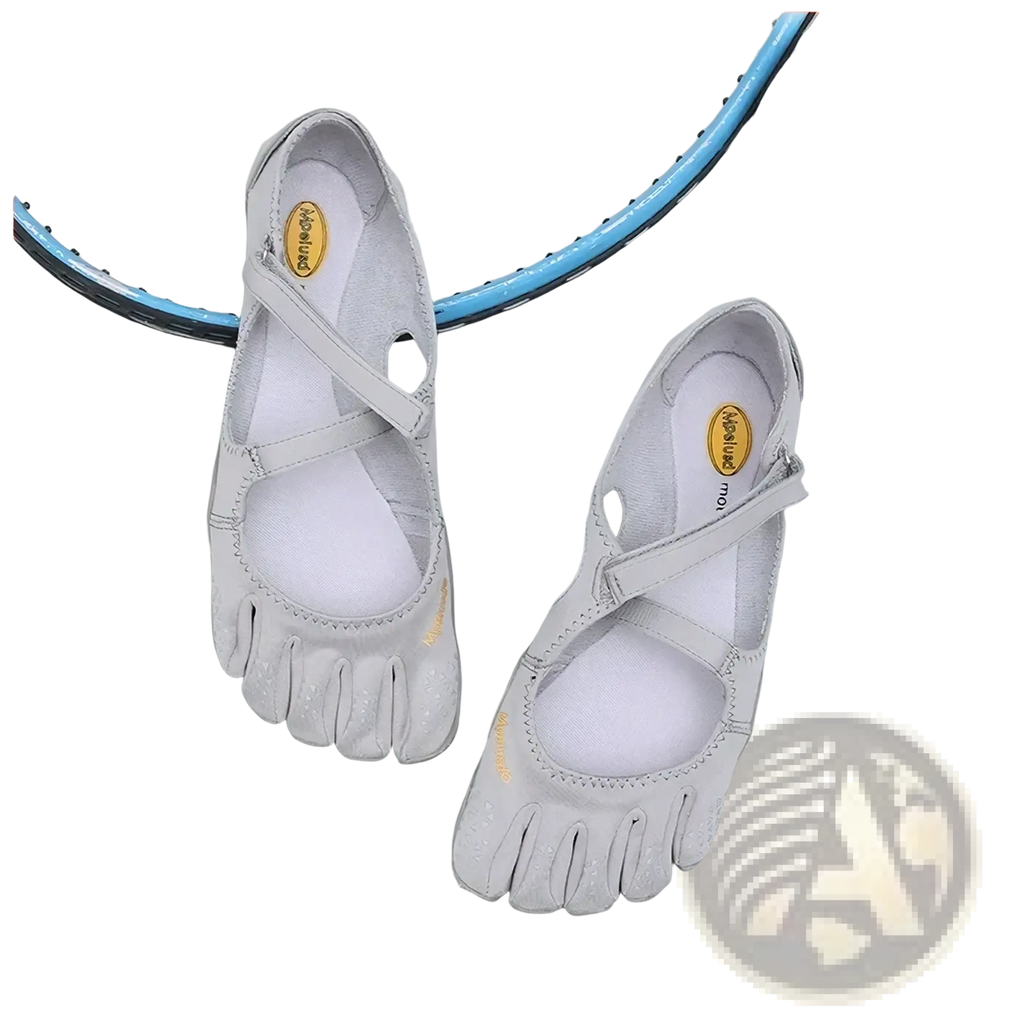 Light gray women five toe minimalist barefoot shoes with sleek design and subtle gold branding on the insole
