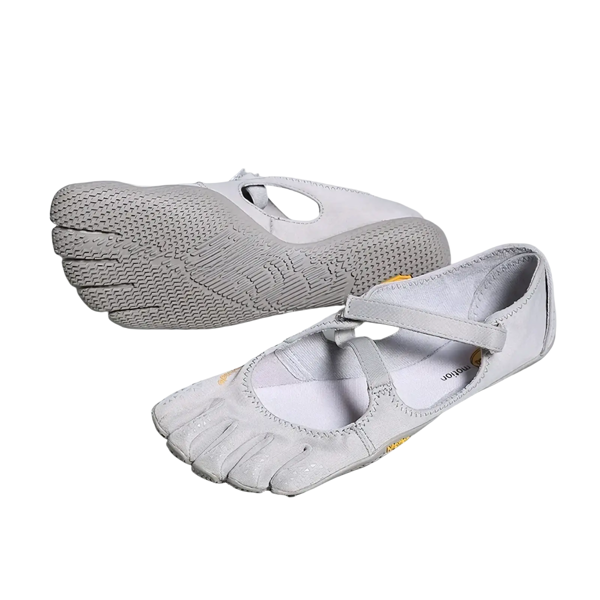 Women five toe minimalist barefoot shoes in light gray with breathable mesh upper and subtle yellow branding accents