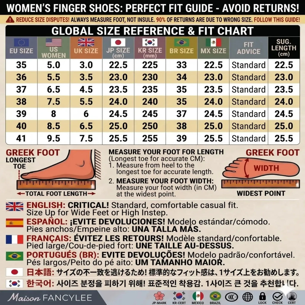 Maison fancylee women five toe minimalist barefoot shoes global size reference and fit chart for accurate sizing guidance