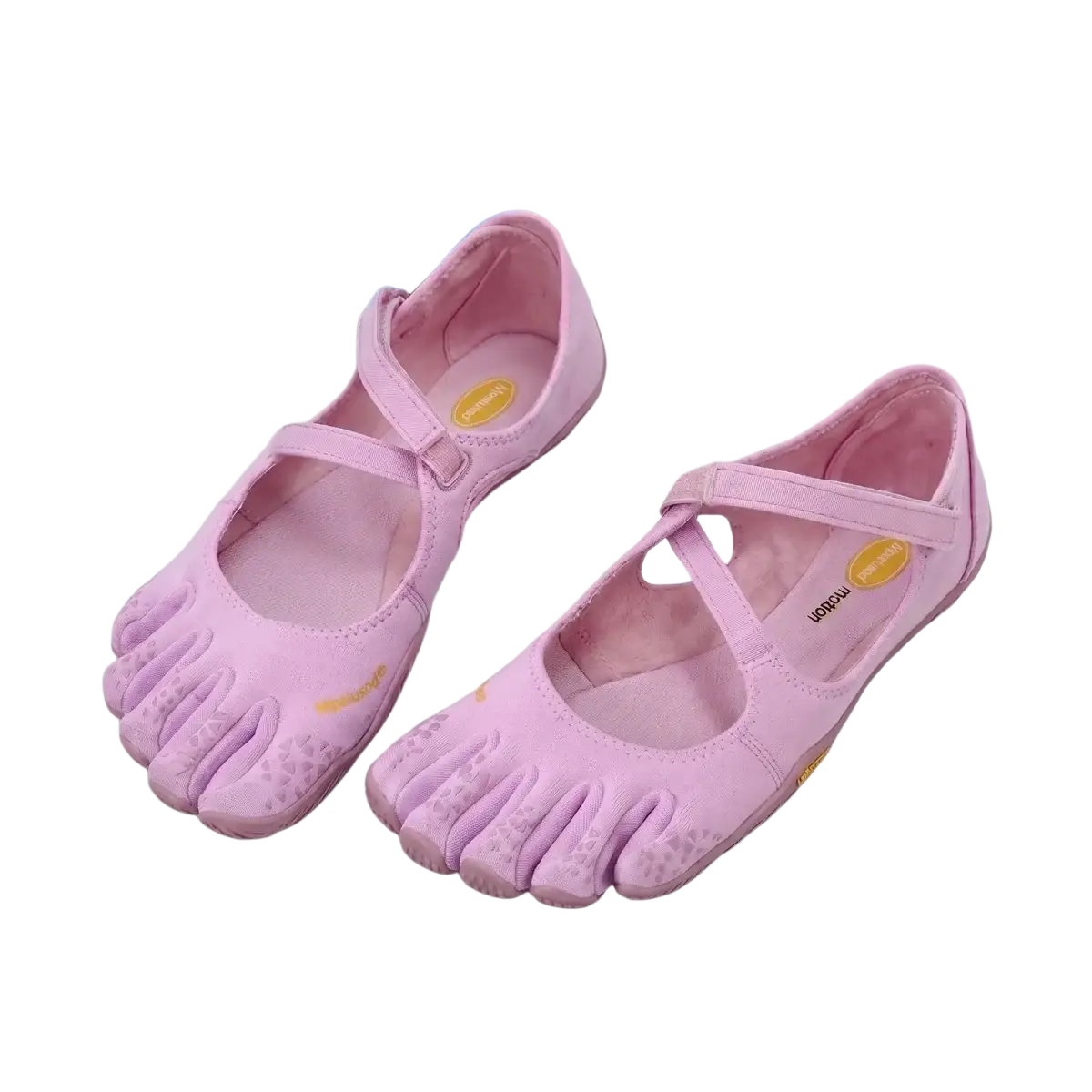 Women five toe minimalist barefoot shoes in pink with soft suede upper rubber soles and adjustable straps for secure fit