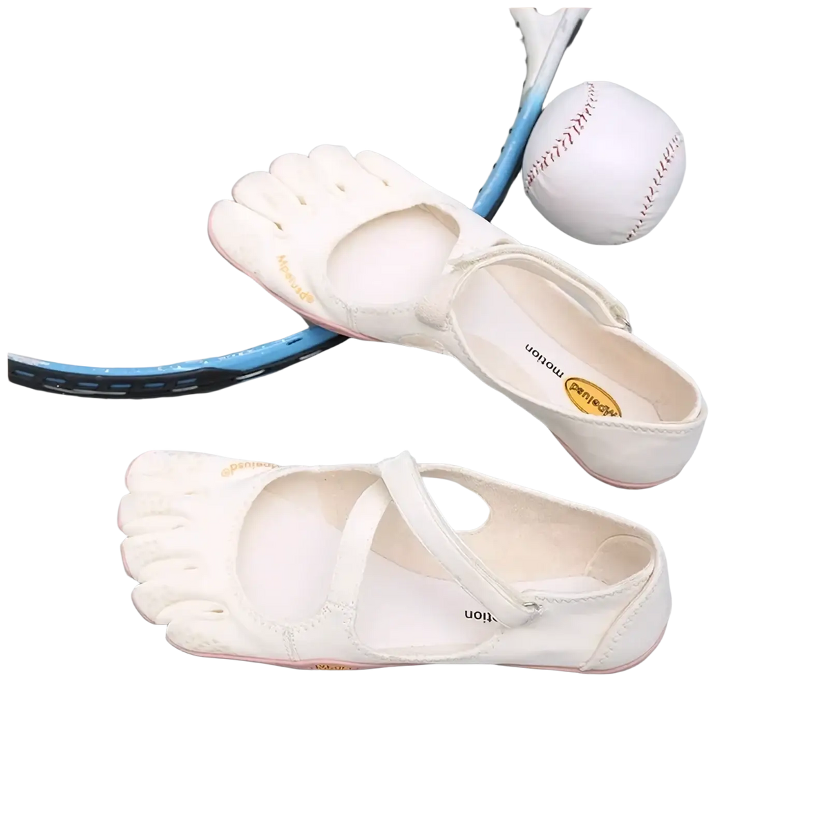 White women five toe minimalist barefoot athletic shoes with pink trim and vibram logo on the insole
