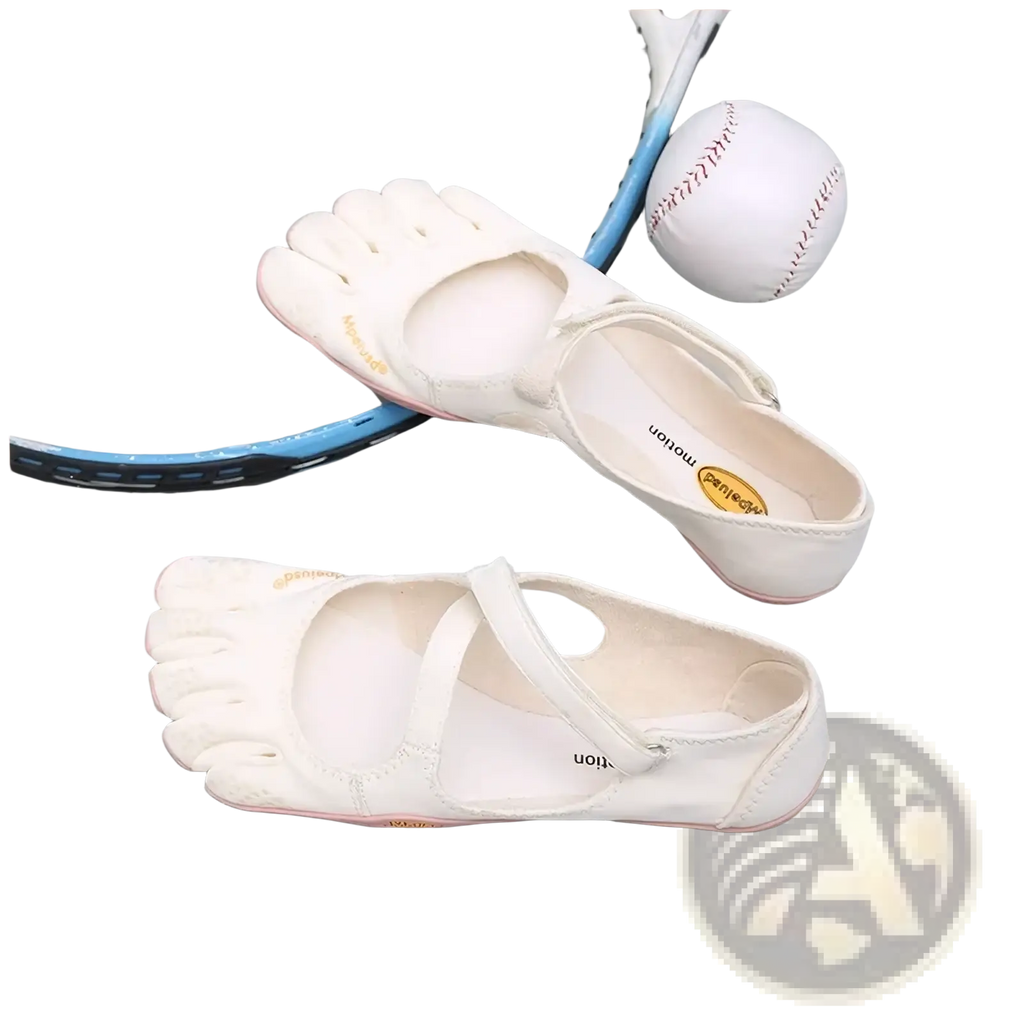 White women five toe minimalist barefoot athletic shoes with pink trim and vibram logo on the insole