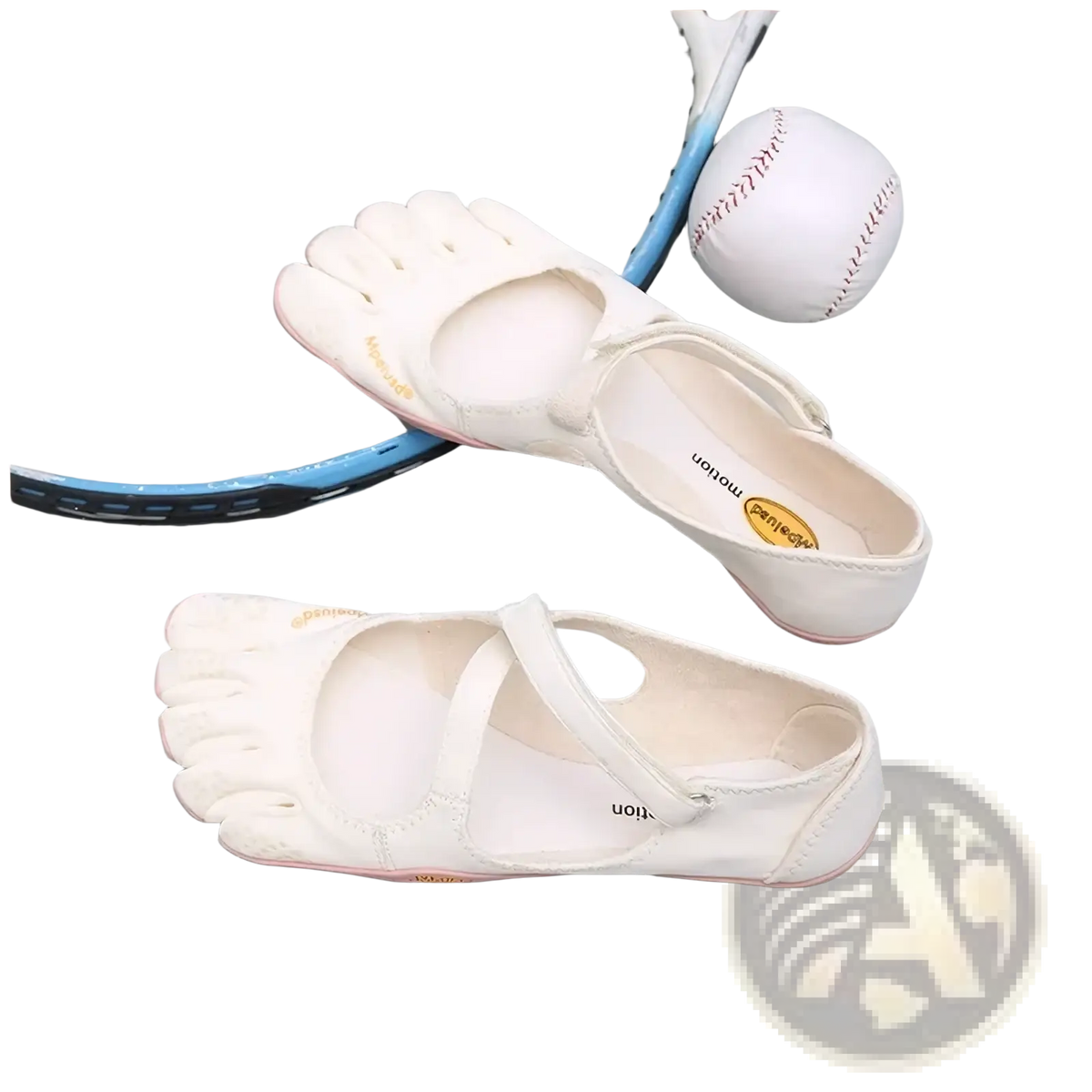 White women five toe minimalist barefoot athletic shoes with pink trim and vibram logo on the insole