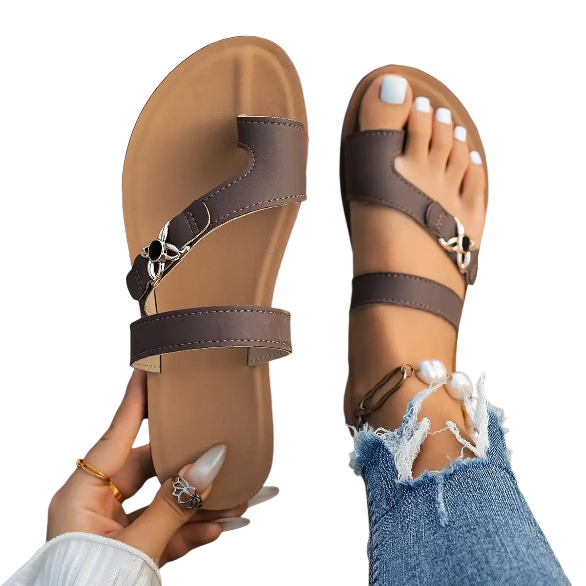 Women flat brown leather thong sandals with silver metal buckles and toe loop design