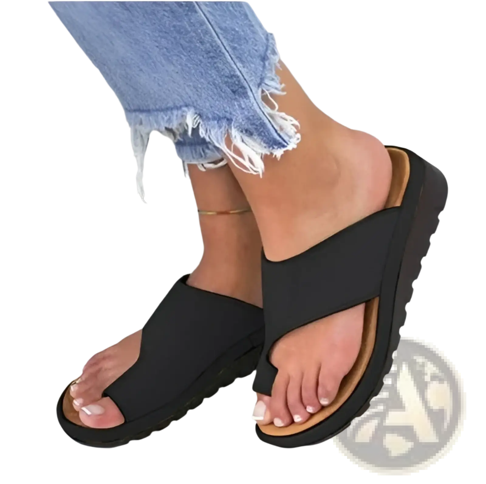 Black thong women flat slide sandals with thick cushioned sole and tan insole open toe plus size 43