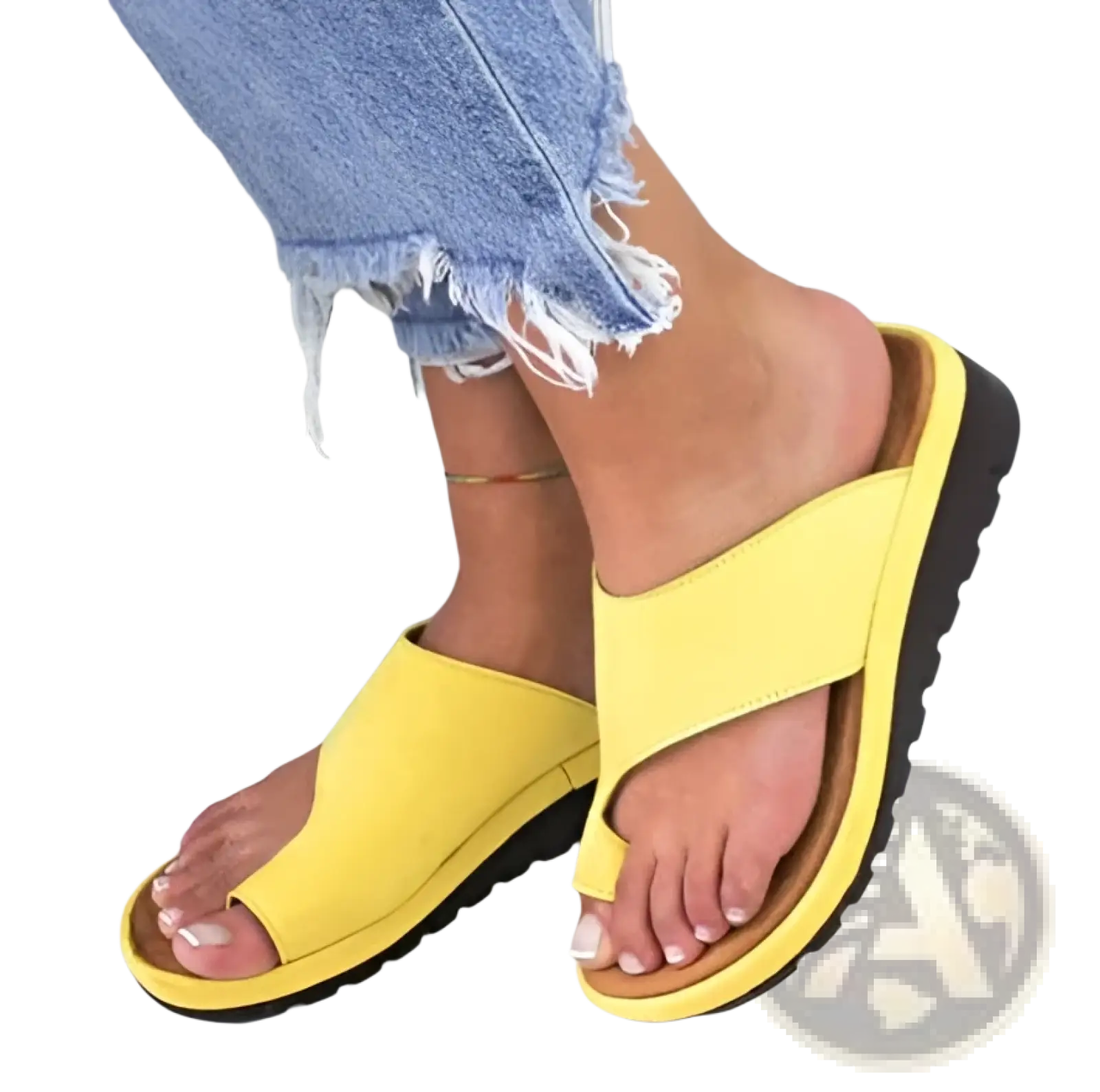 Women flat slide sandals open toe plus size 43 featuring bright yellow suede material with thick black rubber sole