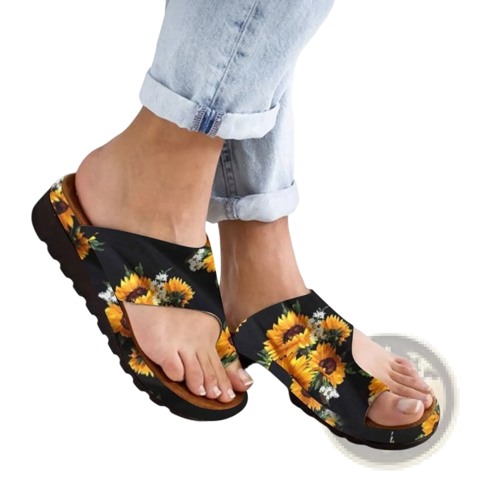Women flat slide sandals open toe plus size 43 black flip-flops with sunflower print upper and brown rubber soles