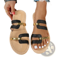 Women flat tassel slip-on sandals with black glittery straps gold-tone metal accents and woven rope sole for summer beach use