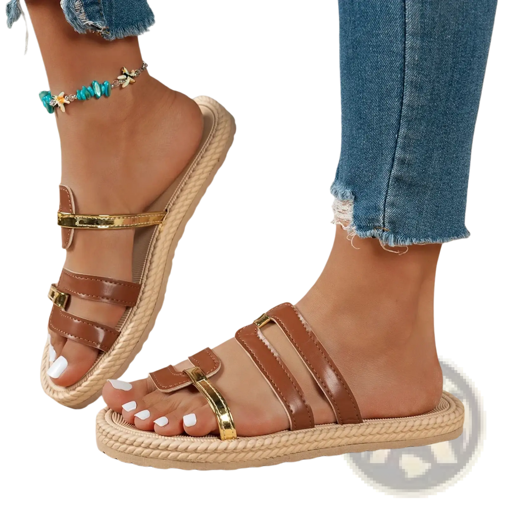 Women flat tassel slip-on sandals with brown leather straps gold-tone buckles and woven rope sole for summer beach wear