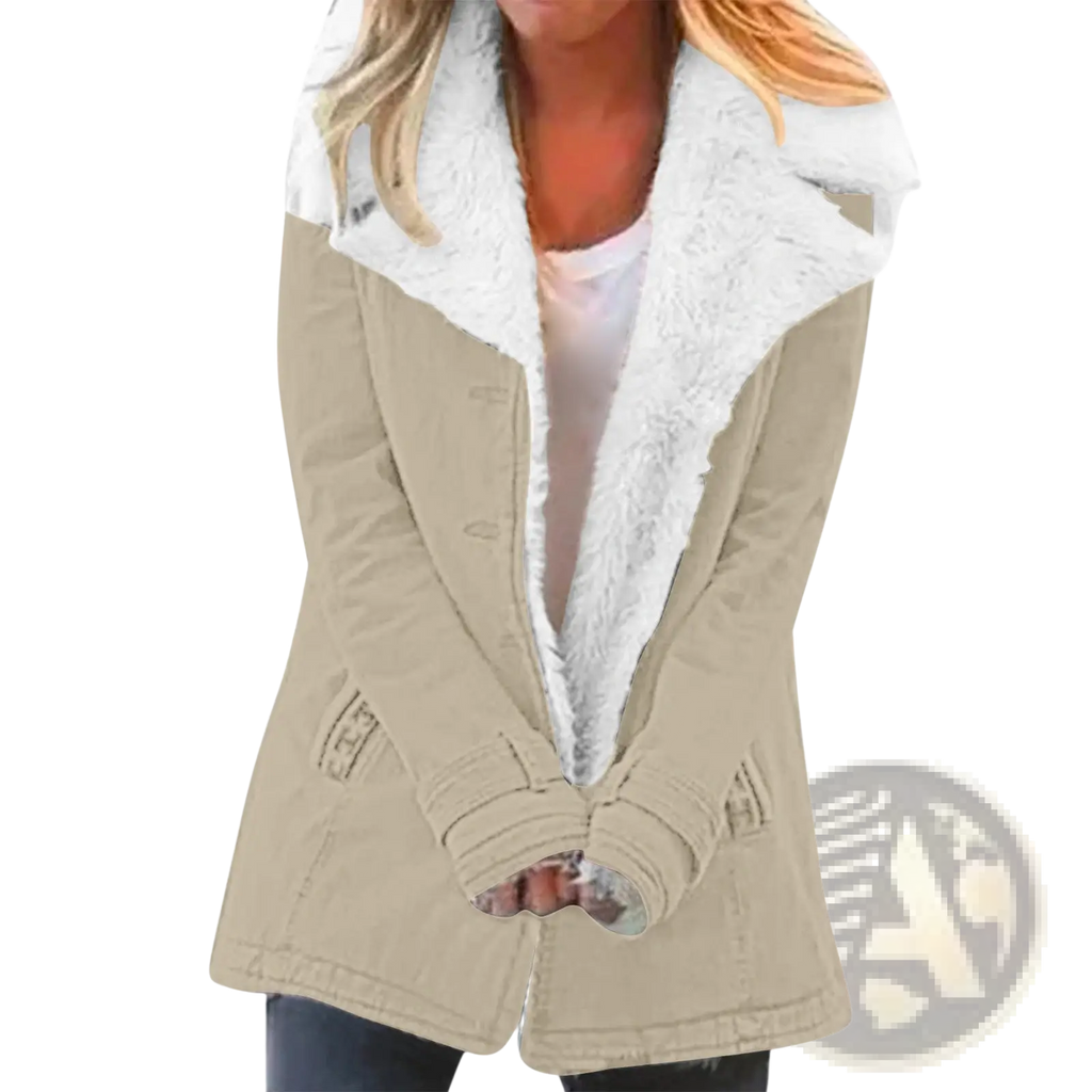 Beige women fleece cotton padded jacket with plush white faux fur collar and front button closure winter coat