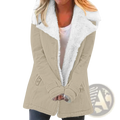 Beige women fleece cotton padded jacket with plush white faux fur collar and front button closure winter coat